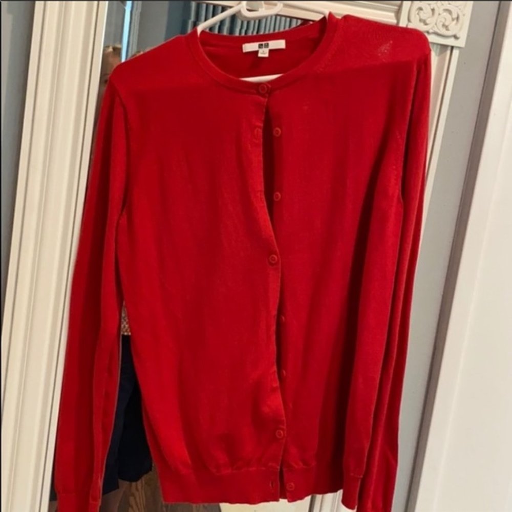 red Uniqlo sweater button down cardigan wool